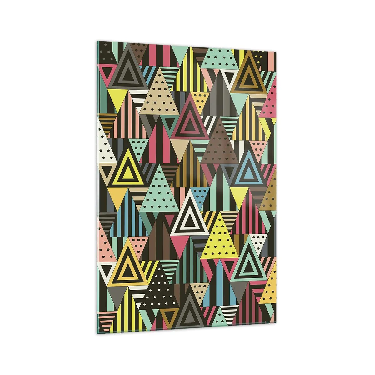 Impression sur verre - Image sur verre - Motif géométrique coloré avec des triangles et des lignes - 70x100cm - En rythme de trois - Décoration murale moderne pour le salon et la chambre ARTTOR