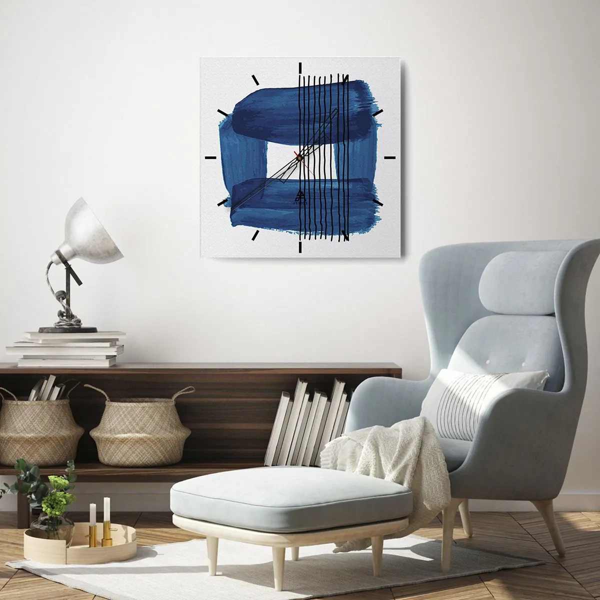 Horloge murale - Pendule murale - Motif abstrait dans des tons de bleu avec des lignes noires - 30x30cm - Composition noire-bleue - Décoration murale moderne pour le salon et la chambre ARTTOR