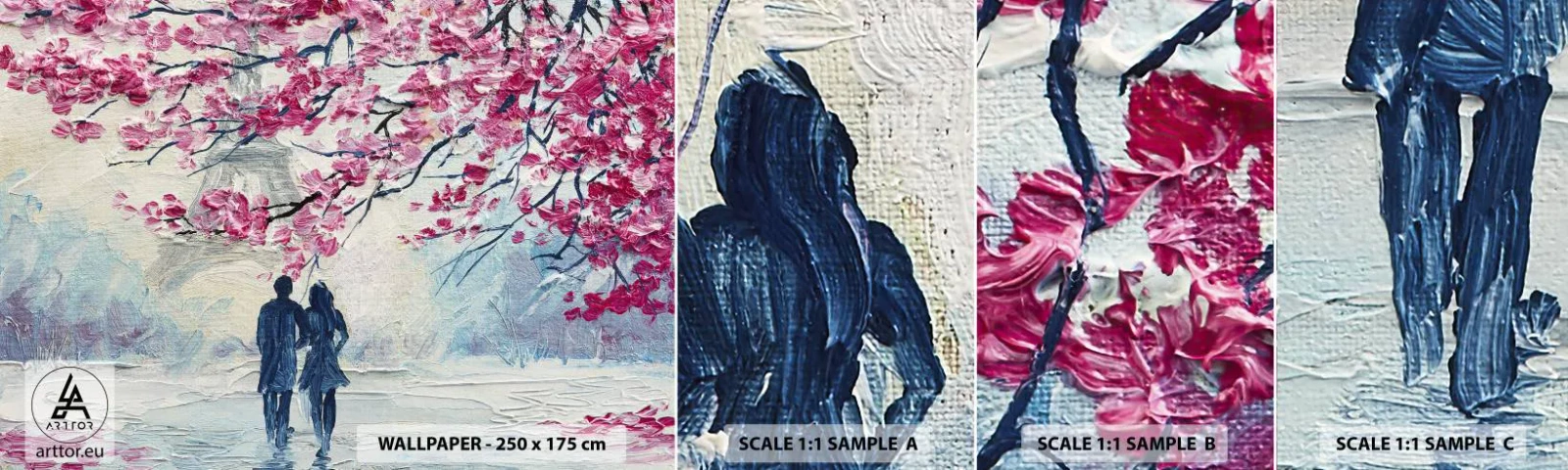 Échantillon De Papier Peint Standard Eco - Ballade romantique - Paris, tour Eiffel, Couple amoureux - 100x30 cm