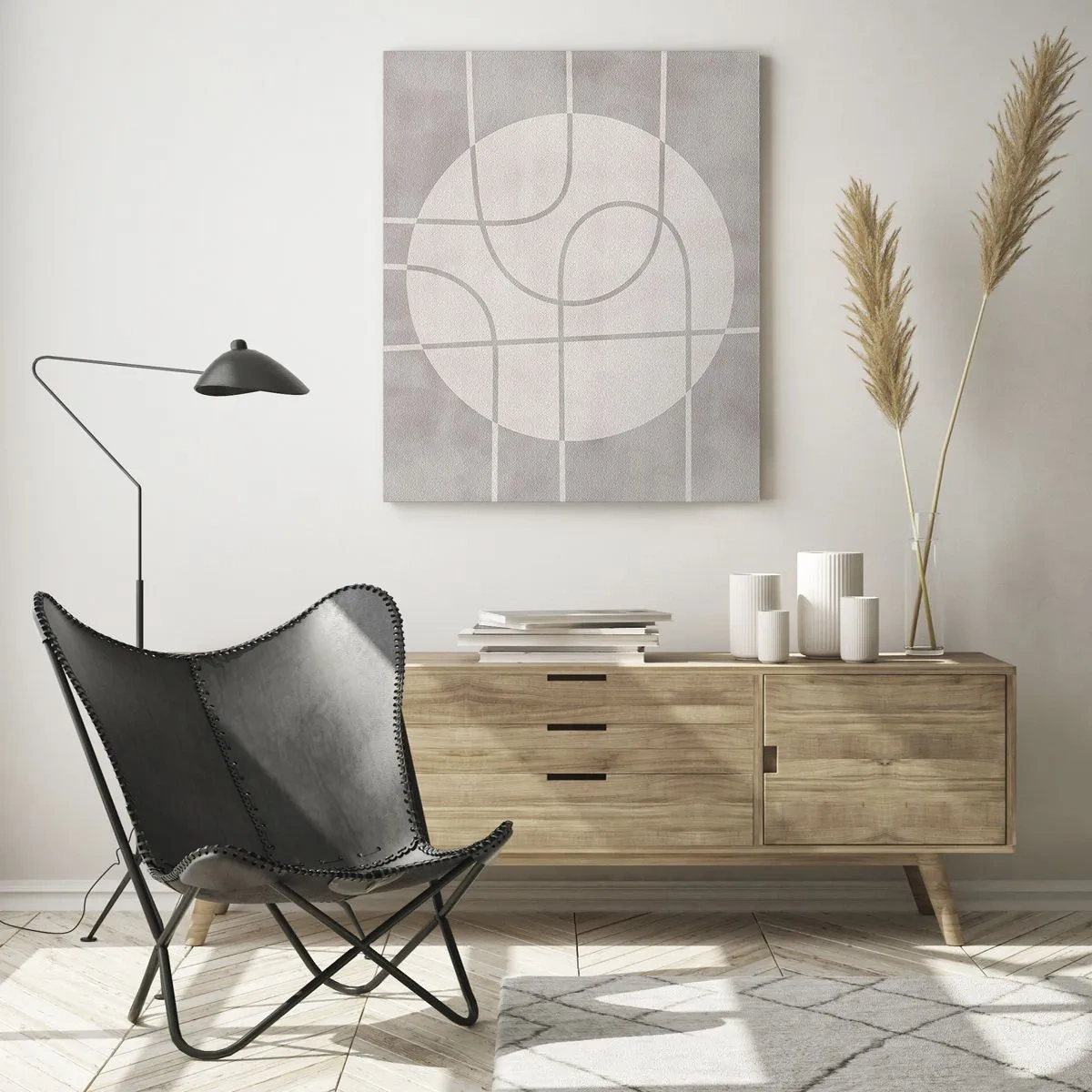 Impression sur verre - Image sur verre - Lignes et cercles beiges créant une composition géométrique - 50x70cm - Circulaire et tout droit - Décoration murale moderne pour le salon et la chambre ARTTOR
