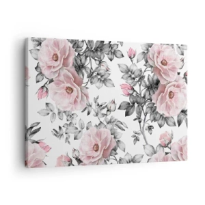 Impression sur toile - Image sur toile - Roses roses et feuilles sur un délicat fond noir et blanc - 70x50cm - Se perdre dans les fleurs des roses - Décoration murale moderne pour le salon et la chambre ARTTOR