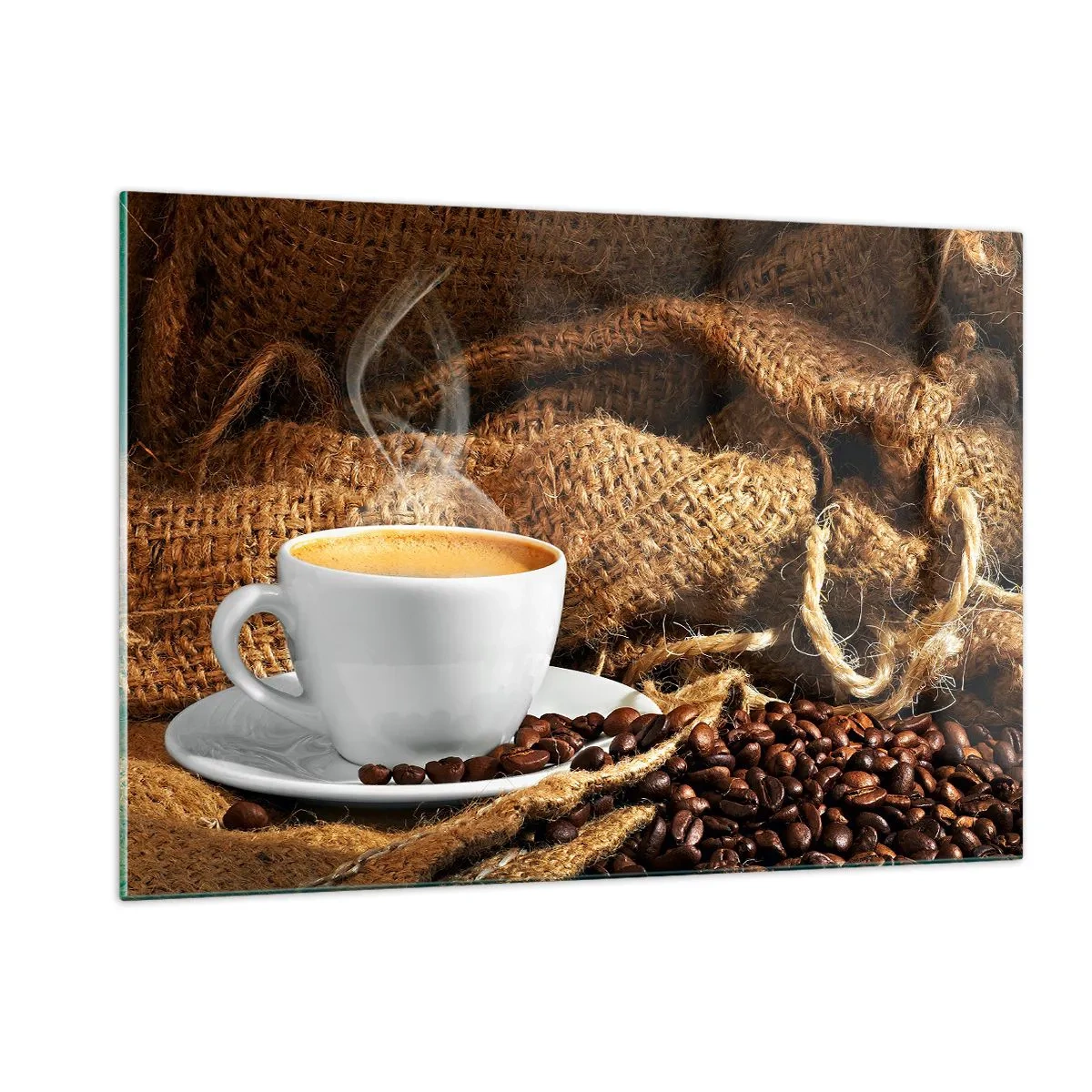 Impression sur verre - Image sur verre - Une tasse de café avec des grains sur un fond de jute - 120x80cm - L'odeur du moka et la densité du miel liquide - Décoration murale moderne pour le salon et la chambre ARTTOR
