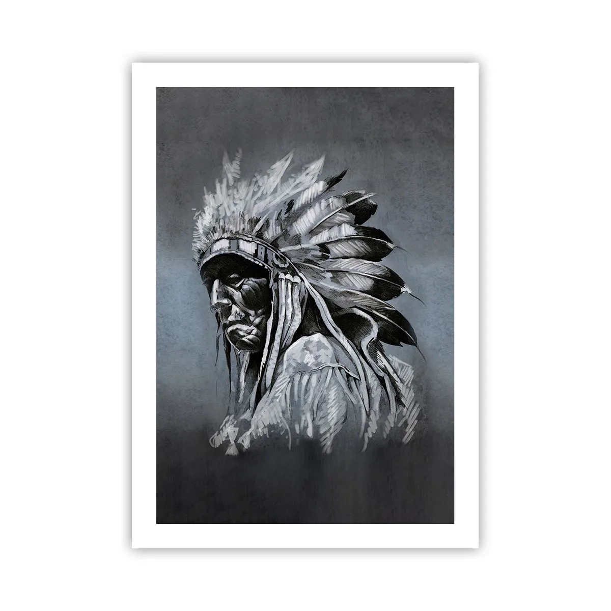 Affiche - Poster - Portrait d'un chef indien portant une coiffe de plumes sur fond gris - 50x70cm - Retour aux sources - Décoration murale moderne pour le salon et la chambre ARTTOR
