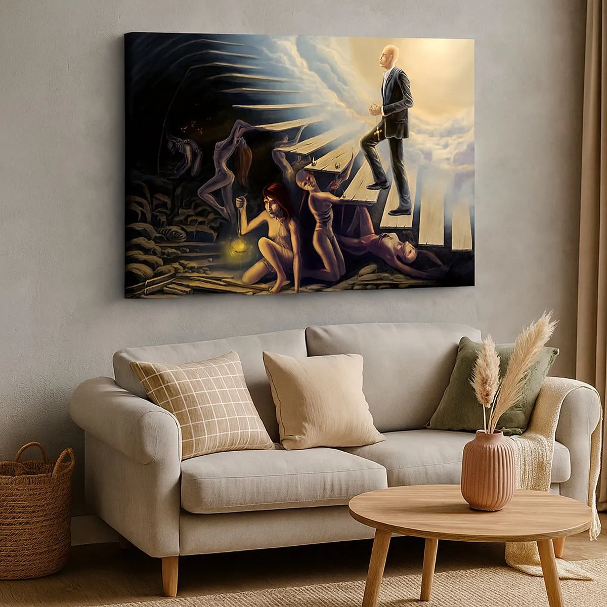 Impression sur toile - Image sur toile - Une scène symbolique du chemin vers la lumière à travers un escalier délabré - 70x50cm - Voyage dantesque vers la lumière - Décoration murale moderne pour le salon et la chambre ARTTOR