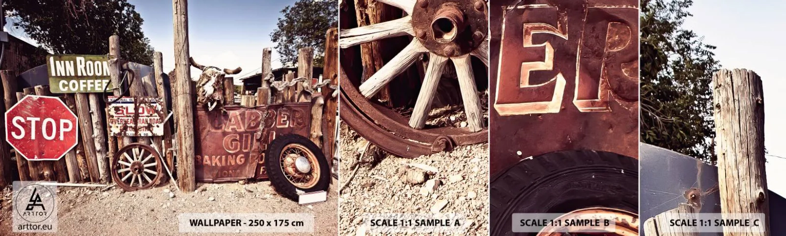 Échantillon de Papier Peint Autocollant Deluxe Sticker - Et le temps s'est arrêté - Panneau de signalisation, Route 66, Etats-Unis - 100x30 cm