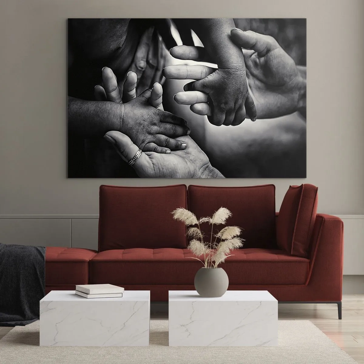 Impression sur verre - Image sur verre - Poignée de main symbolique en noir et blanc de différentes générations - 70x50cm - Être humain - Décoration murale moderne pour le salon et la chambre ARTTOR