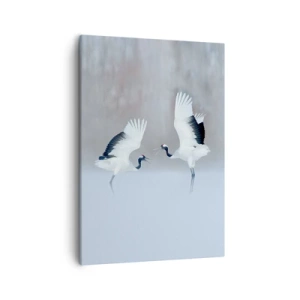 Impression sur toile - Image sur toile - Deux grues dansant dans un paysage brumeux - 50x70cm - Danse dans le brouillard - Décoration murale moderne pour le salon et la chambre ARTTOR