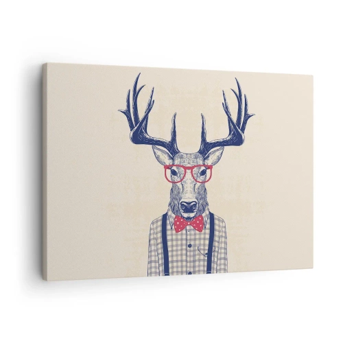Impression sur toile - Image sur toile - Graphique stylisé d'un cerf portant des lunettes et un nœud papillon - 70x50cm - Une extravagance amusante - Décoration murale moderne pour le salon et la chambre ARTTOR