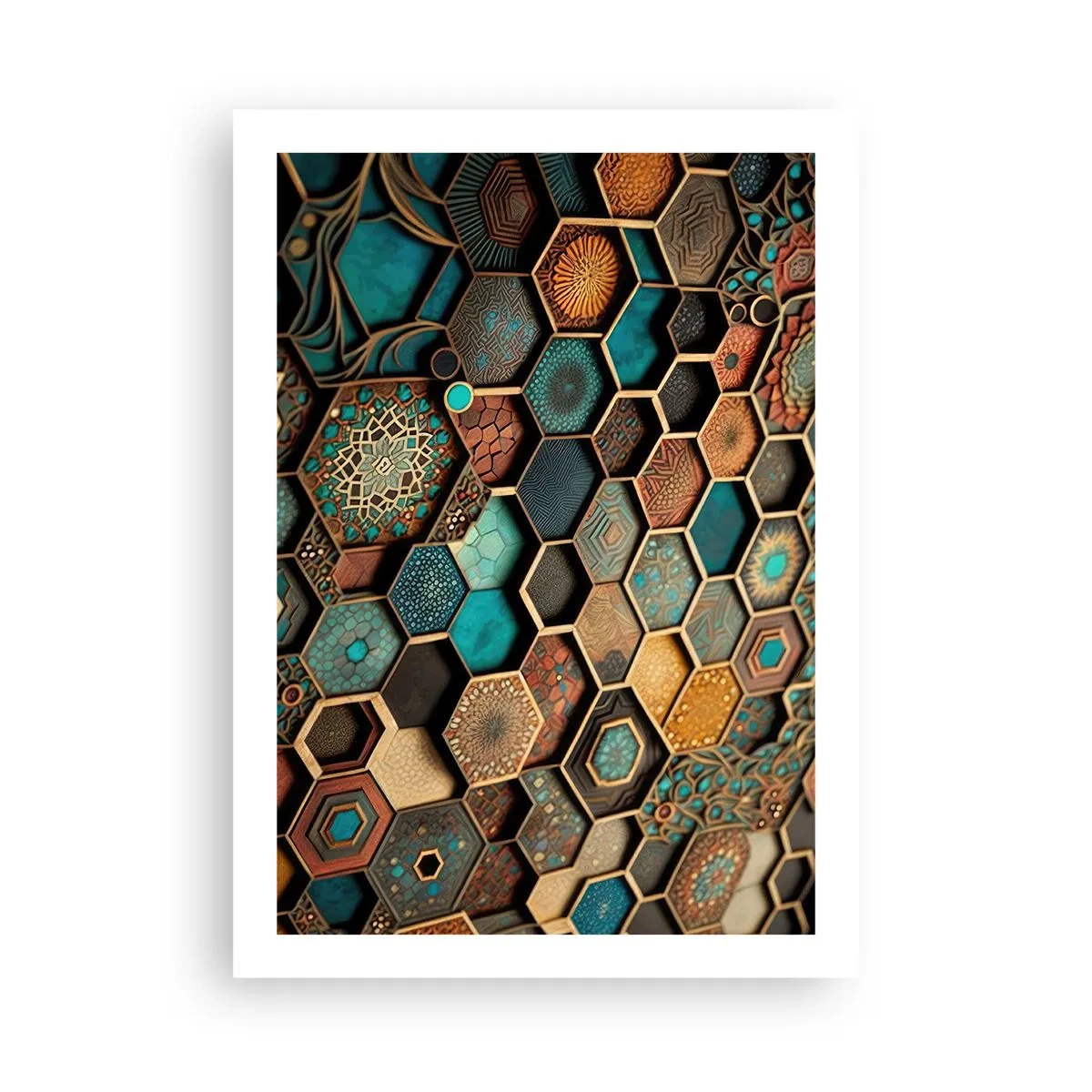 Affiche - Poster - Une composition géométrique d'hexagones dans une palette or et turquoise. - 50x70cm - Ornements arabes – variation - Décoration murale moderne pour le salon et la chambre ARTTOR