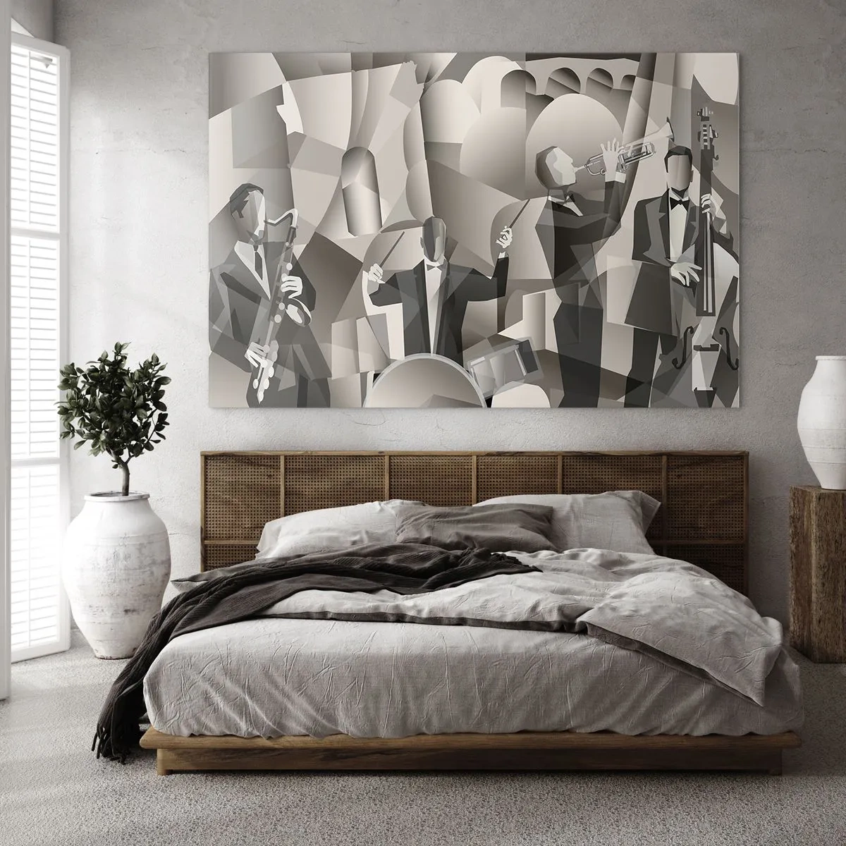 Impression sur verre - Image sur verre - Scène de groupe de jazz stylisée dans des tons monochromes - 70x50cm - Dans l'espace des sons - Décoration murale moderne pour le salon et la chambre ARTTOR