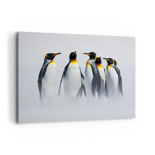 Impression sur toile - Image sur toile - Un groupe de manchots empereurs dans le brouillard hivernal - 100x70cm - Rencontre en robes de soirée - Décoration murale moderne pour le salon et la chambre ARTTOR