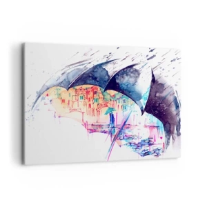 Impression sur toile - Image sur toile - Une ville colorée cachée sous des parapluies abstraits - 100x70cm - Se promener sous la pluie - Décoration murale moderne pour le salon et la chambre ARTTOR