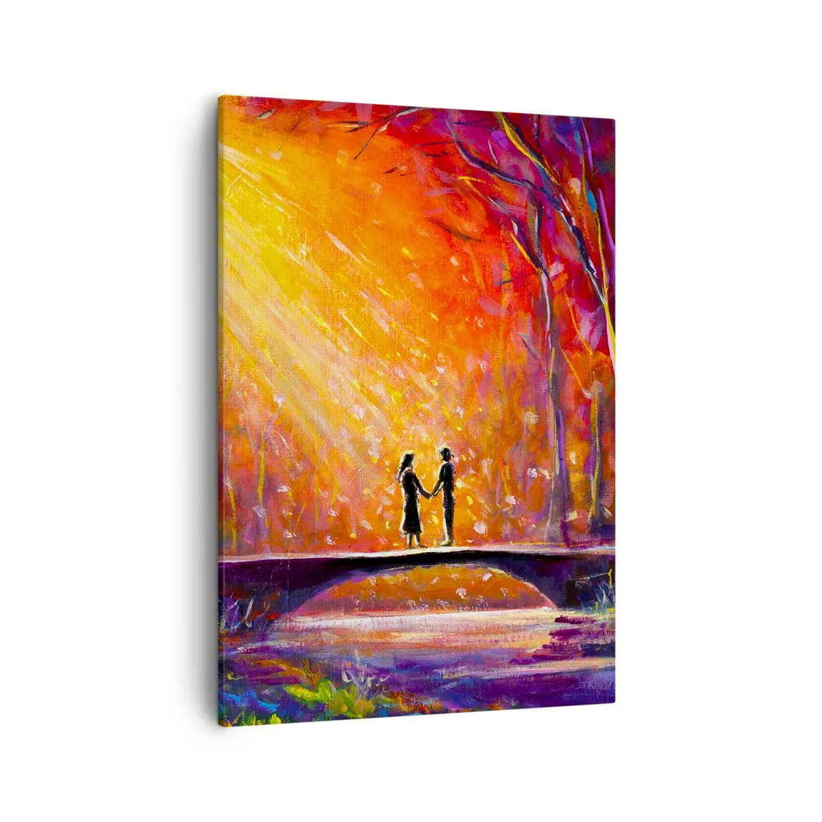 Impression sur toile - Image sur toile - Couple romantique sur un pont dans la forêt d'automne - 50x70cm - Le ciel les aime aussi - Décoration murale moderne pour le salon et la chambre ARTTOR