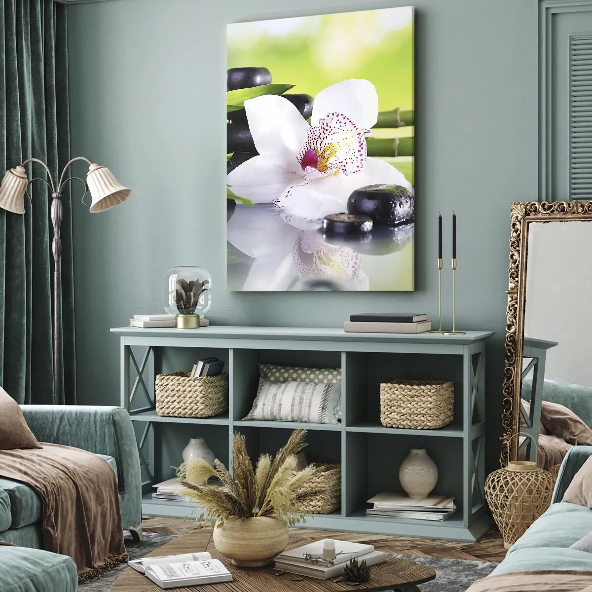 Impression sur toile - Image sur toile - Orchidée, pierres et bambou dans une composition spa harmonieuse - 50x70cm - Raffraîchissement de fraîcheur - Décoration murale moderne pour le salon et la chambre ARTTOR