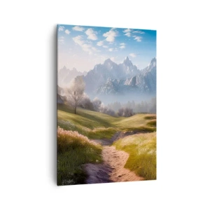 Impression sur toile - Image sur toile - Une vallée de montagne avec des prairies, des cabanes et une vue sur les sommets - 70x100cm - Vallée idyllique - Décoration murale moderne pour le salon et la chambre ARTTOR