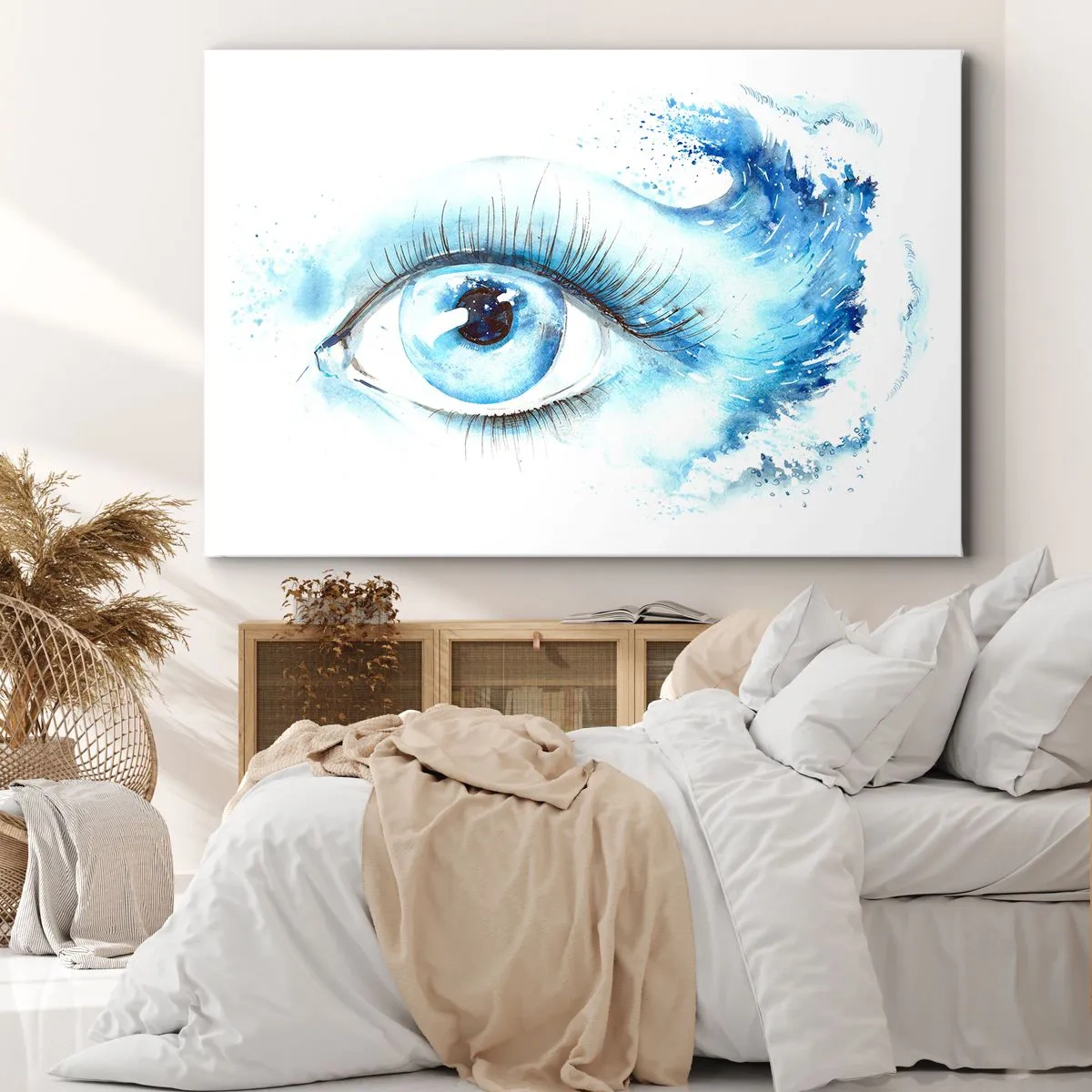 Impression sur toile - Image sur toile - Aquarelle artistique d'un œil avec une vague dynamique - 70x50cm - Plongez-vous dans le bleu du regard - Décoration murale moderne pour le salon et la chambre ARTTOR