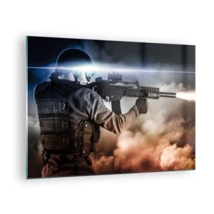 Impression sur verre - Image sur verre - Un soldat en action tirant avec un fusil sur fond de fumée. - 70x50cm - Tout simplement un héros - Décoration murale moderne pour le salon et la chambre ARTTOR