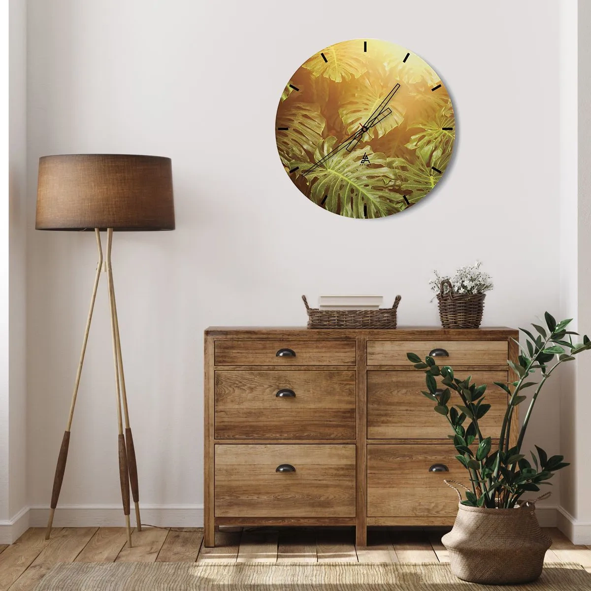 Horloge murale - Pendule murale - Feuilles de Monstera à la lumière du soleil couchant - 30x30cm - Se fondre dans la verdure - Décoration murale moderne pour le salon, la cuisine et la chambre ARTTOR