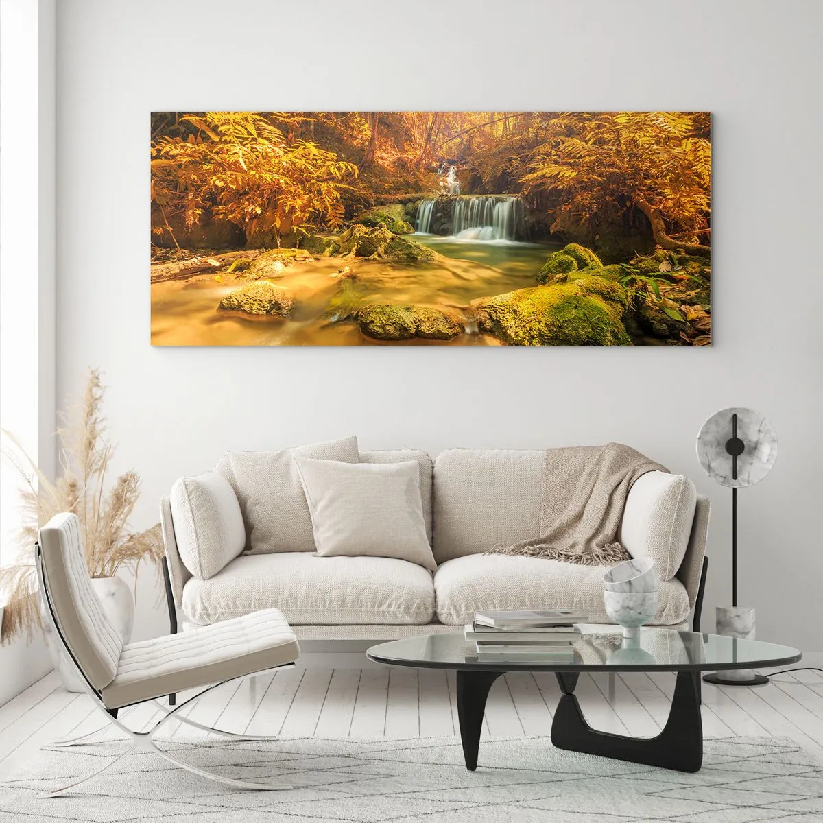 Impression sur verre - Image sur verre - Cascade de forêt en or - 90x30 cm