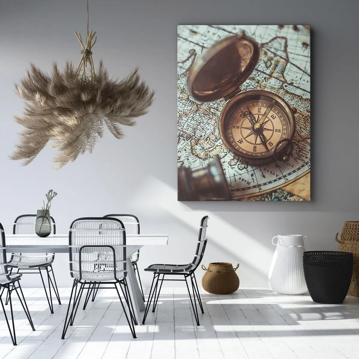 Impression sur toile - Image sur toile - Composition avec une boussole, des clés et une vieille carte dans un style rétro - 80x120cm - Pour ceux qui recherche l'aventure - Décoration murale moderne pour le salon et la chambre ARTTOR