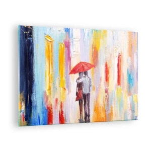 Impression sur verre - Image sur verre - Un couple tenant un parapluie rouge sous la pluie dans une rue colorée. - 70x50cm - Qu'il pleuve encore - Décoration murale moderne pour le salon et la chambre ARTTOR