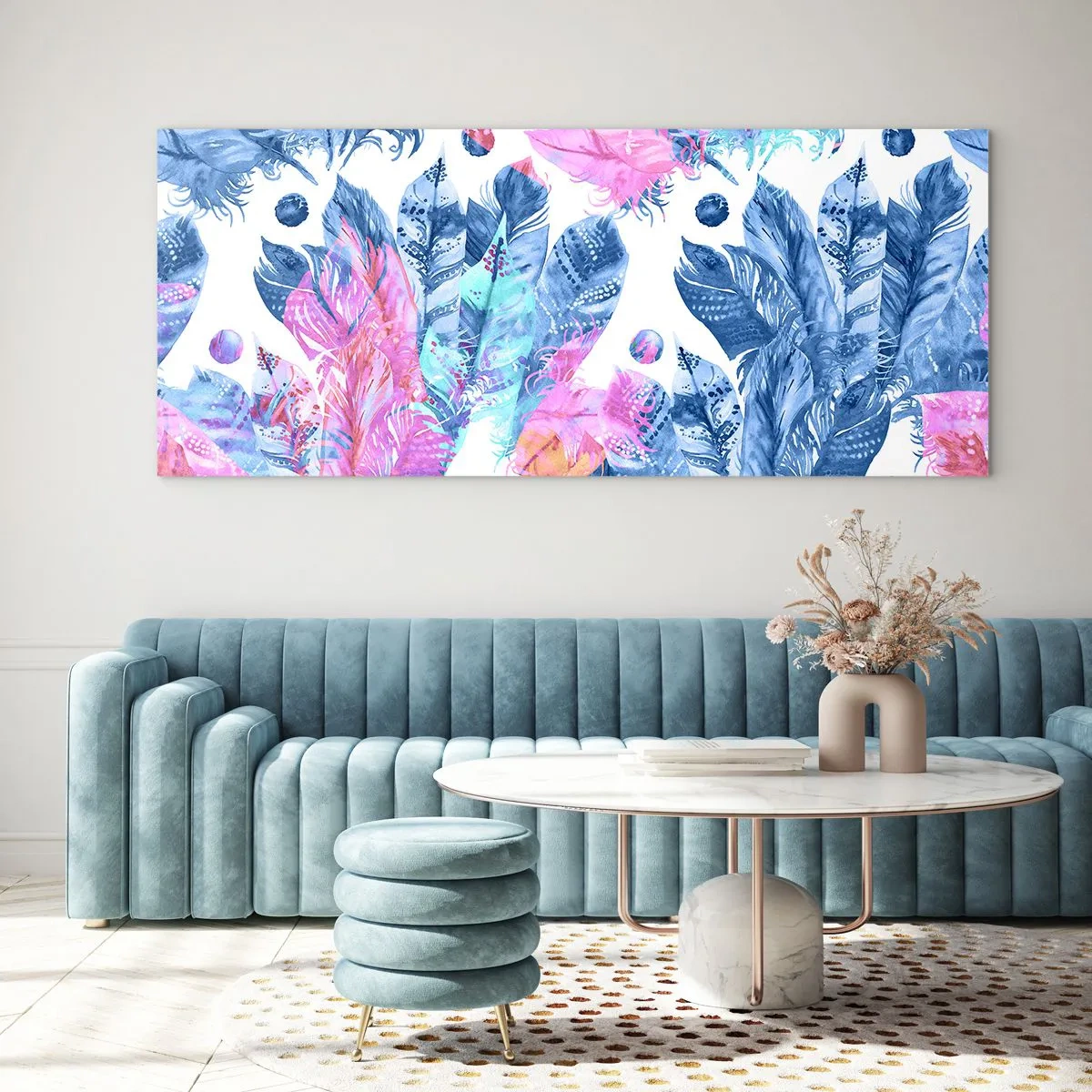 Impression sur verre - Image sur verre - Plumes en rose et bleu - 100x40 cm