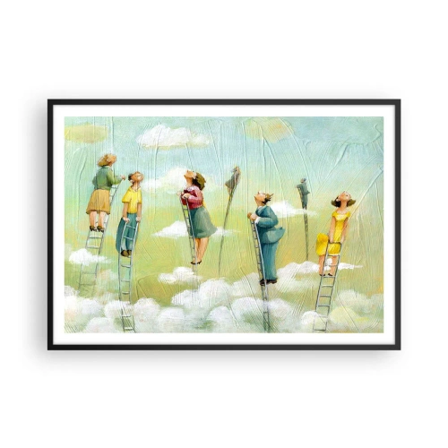 Affiche dans un cadre noir - Poster - Personnages grimpant sur des échelles parmi des nuages sur un fond pastel. - 100x70cm - Derrière ton rêve - Décoration murale moderne pour le salon et la chambre ARTTOR
