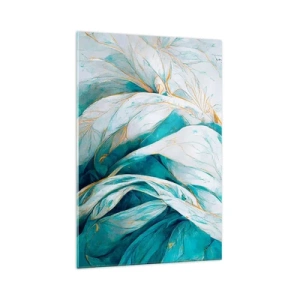 Impression sur verre - Image sur verre - Feuilles bleues abstraites avec des détails dorés - 70x100cm - Abstraction bleue avec un motif doré - Décoration murale moderne pour le salon et la chambre ARTTOR