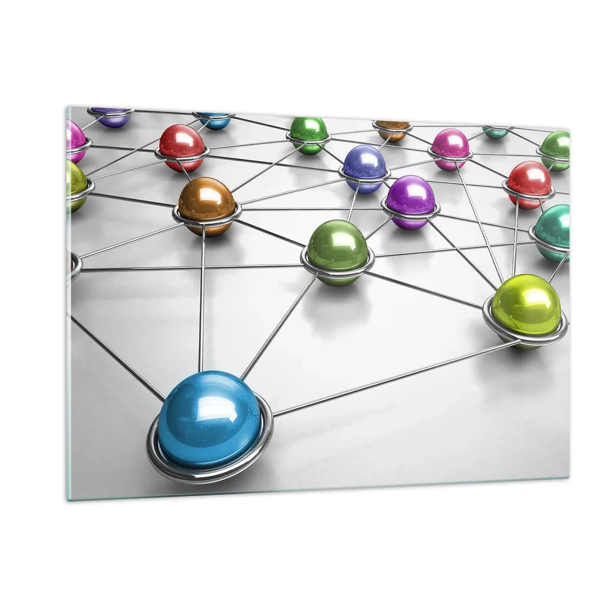 Impression sur verre - Image sur verre - Boules colorées reliées par des lignes sur un fond clair - 120x80cm - Toile d'araignée cosmique - Décoration murale moderne pour le salon et la chambre ARTTOR