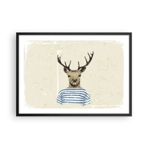 Affiche dans un cadre noir - Poster - Un cerf en chemise rayée sur un fond clair avec une texture délicate - 70x50cm - Parce que j'aime les chemises rayées - Décoration murale moderne pour le salon et la chambre ARTTOR