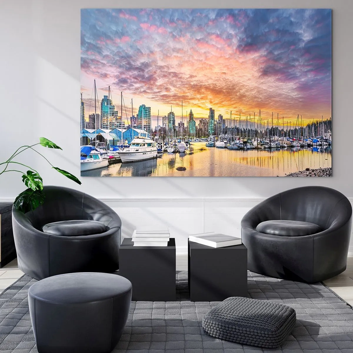 Impression sur verre - Image sur verre - Coucher de soleil sur la marina avec bateaux et gratte-ciels - 70x50cm - La cité aux mille marins - Décoration murale moderne pour le salon et la chambre ARTTOR