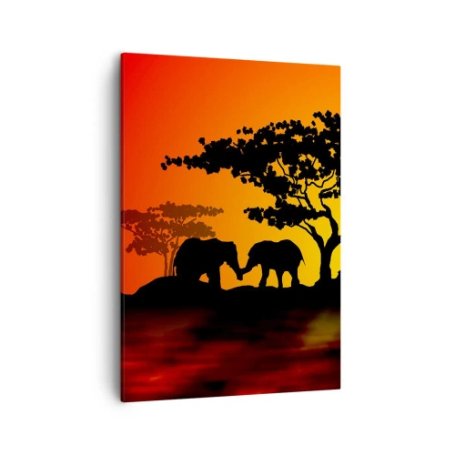 Impression sur toile - Image sur toile - Coucher de soleil africain avec des silhouettes d'éléphants et de girafes au-dessus de l'eau - 50x70cm - Rencontre dans la savane - Décoration murale moderne pour le salon et la chambre ARTTOR
