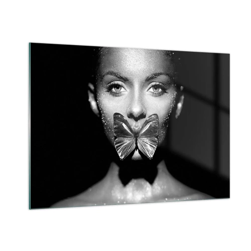 Impression sur verre - Image sur verre - Portrait d'une femme avec un papillon sur les lèvres en noir et blanc - 100x70cm - Baiser papillon - Décoration murale moderne pour le salon et la chambre ARTTOR