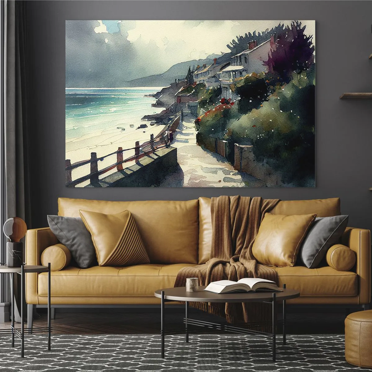 Impression sur verre - Image sur verre - Une promenade en bord de mer avec des maisons colorées et de l'eau - 70x50cm - Ville méditerranéenne - Décoration murale moderne pour le salon et la chambre ARTTOR