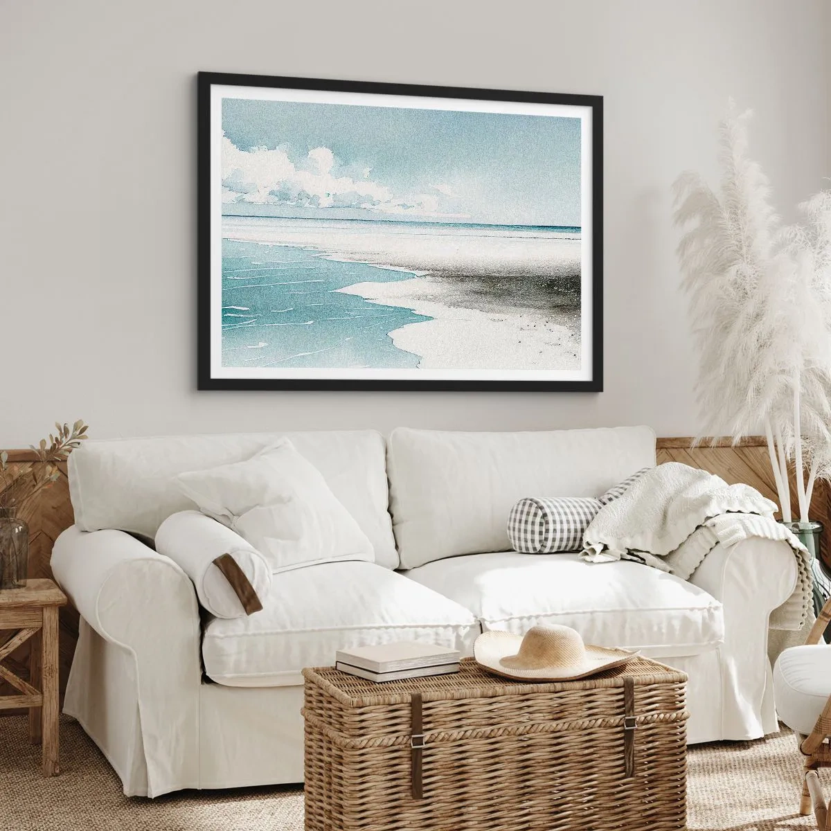 Affiche dans un cadre noir - Poster - Une mer calme et une plage aux tons clairs de bleu - 70x50cm - Marée douce - Décoration murale moderne pour le salon et la chambre ARTTOR