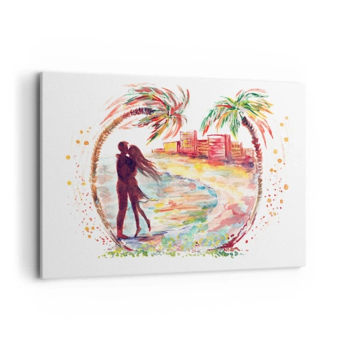 Impression sur toile - Image sur toile - Scène de couple romantique sur une plage avec des palmiers à l'aquarelle - 120x80cm - Vacances romantiques - Décoration murale moderne pour le salon et la chambre ARTTOR