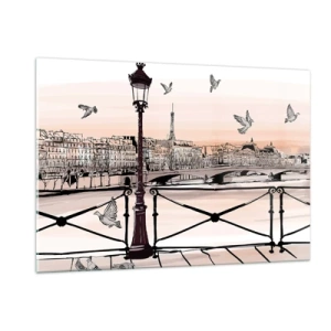 Impression sur verre - Image sur verre - Illustration d'une rue parisienne avec vue sur la Tour Eiffel à l'aube - 120x80cm - Sur les toits de Paris - Décoration murale moderne pour le salon et la chambre ARTTOR