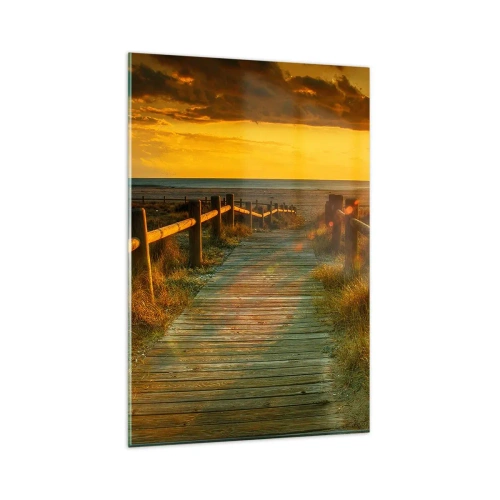 Impression sur verre - Image sur verre - Un chemin en bois menant à la plage à la lueur du soleil couchant - 80x120cm - Baigné dans le vieil or - Décoration murale moderne pour le salon et la chambre ARTTOR