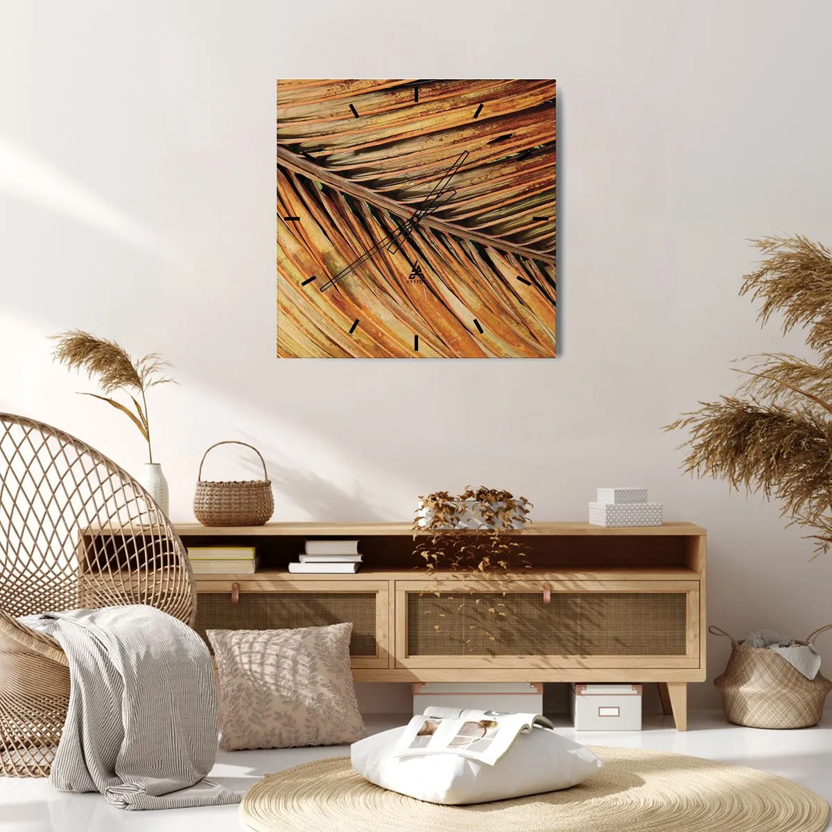 Horloge murale - Pendule murale - Gros plan d'une feuille de palmier sèche aux tons chauds - 30x30cm - Or de noix de coco - Décoration murale moderne pour le salon et la chambre ARTTOR