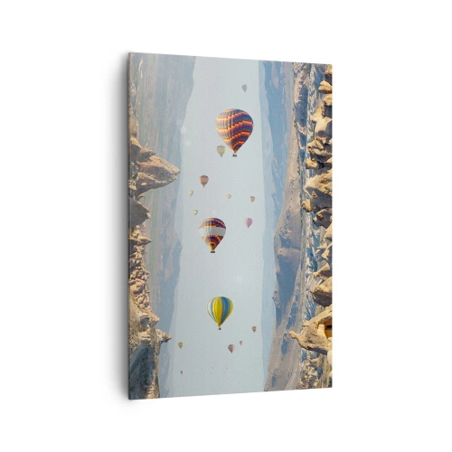 Impression sur toile - Image sur toile - Ballons colorés au-dessus d'un paysage rocheux - 80x120cm - Ici, tout est possible - Décoration murale moderne pour le salon et la chambre ARTTOR