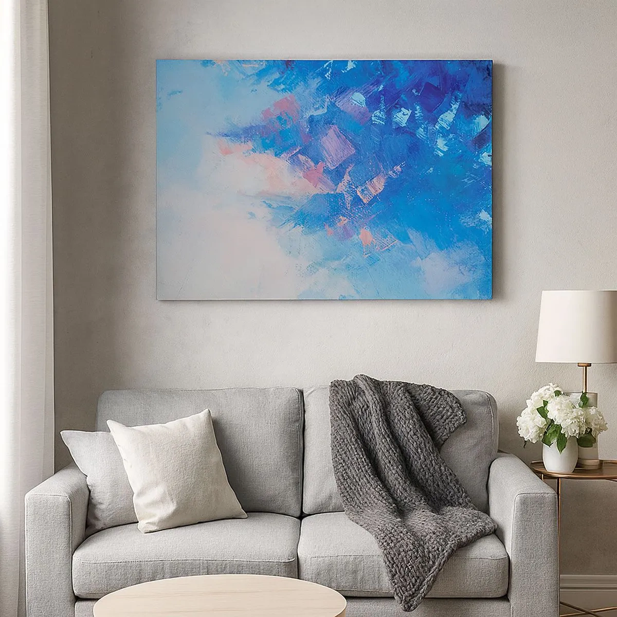 Impression sur toile - Image sur toile - Composition abstraite dans les tons de bleu et de rose - 70x50cm - Abstraction hivernale - Décoration murale moderne pour le salon et la chambre ARTTOR