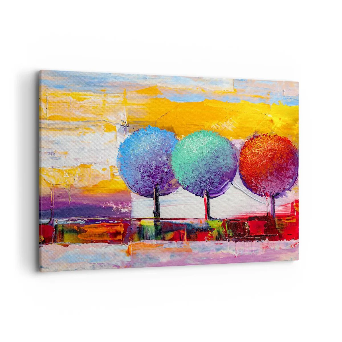 Impression sur toile - Image sur toile - Trois arbres colorés sur un fond abstrait - 100x70cm - Art jusqu'à trois - Décoration murale moderne pour le salon et la chambre ARTTOR