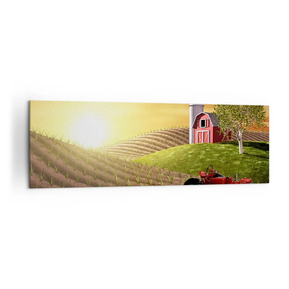Impression sur toile - Image sur toile - Paysage rural avec une grange rouge, un tracteur et un lever de soleil - 160x50cm - Une ferme comme dans un conte de fées - Décoration murale moderne pour le salon et la chambre ARTTOR
