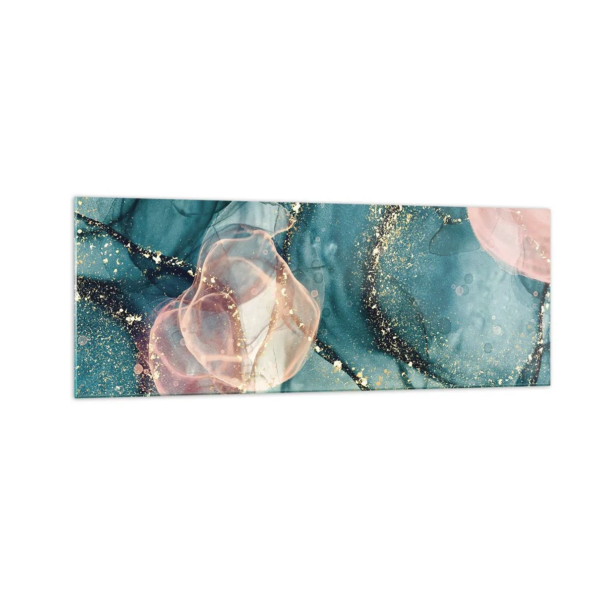 Impression sur verre - Image sur verre - Une composition abstraite dans des tons turquoise et or. - 140x50cm - Soie bleu, tulle rose - Décoration murale moderne pour le salon et la chambre ARTTOR