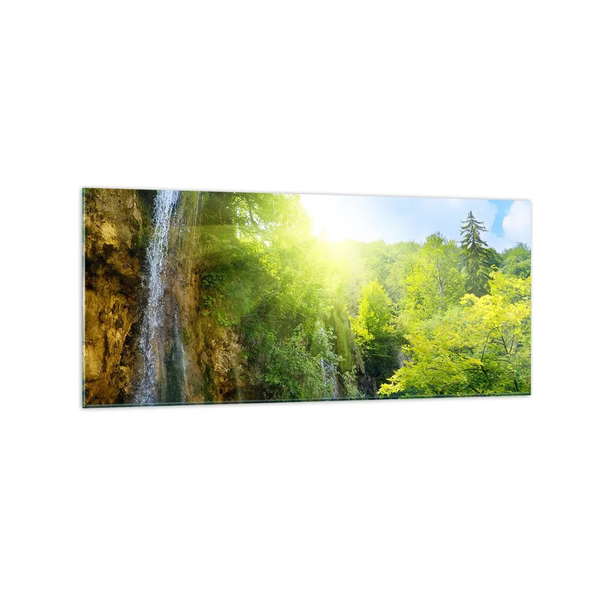 Impression sur verre - Image sur verre - Une cascade se jetant dans un lac turquoise entouré de verdure - 120x50cm - Ce doit être le paradis ici - Décoration murale moderne pour le salon et la chambre ARTTOR