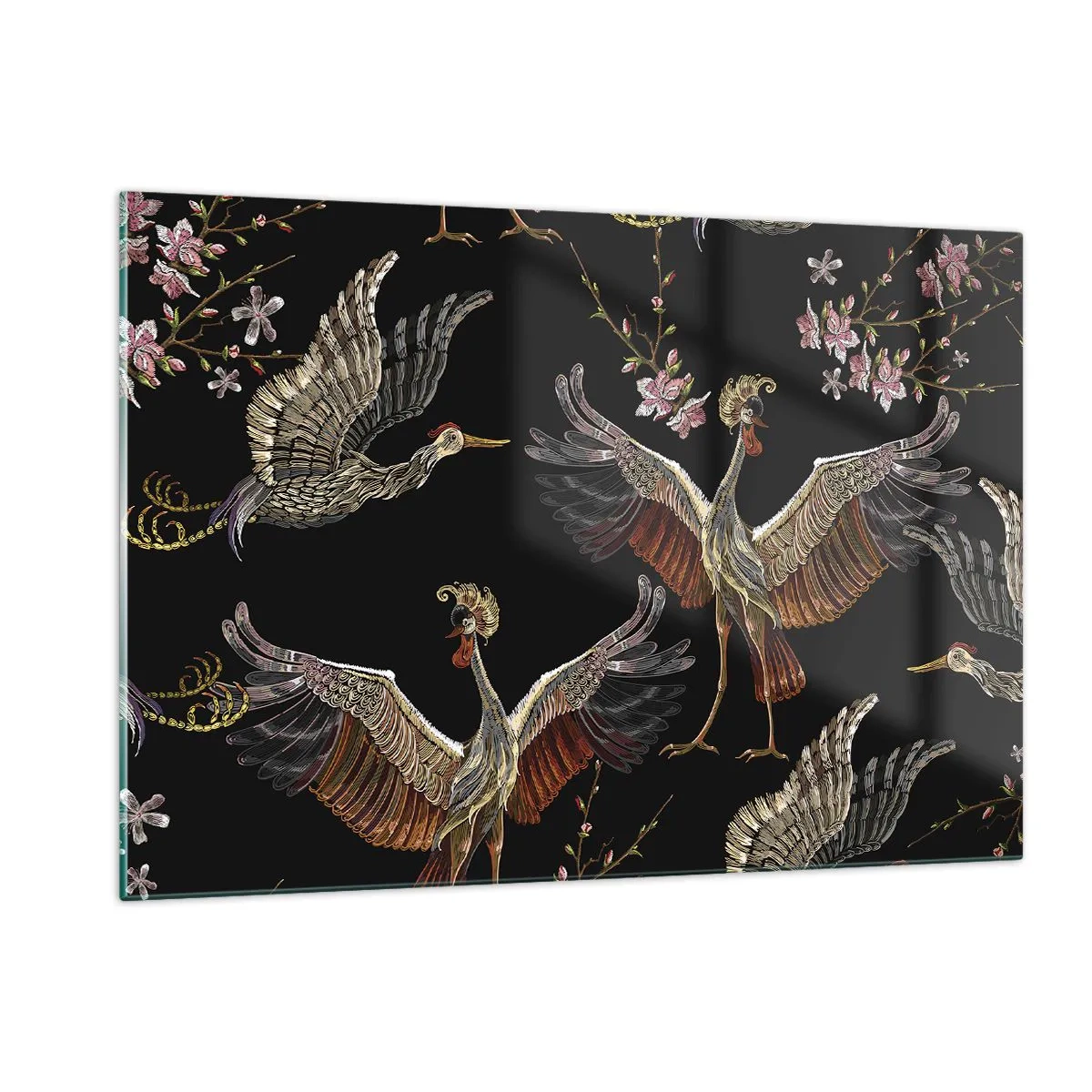 Impression sur verre - Image sur verre - Oiseaux en vol avec des fleurs sur fond noir, style rétro - 120x80cm - Un oiseau de conte de fées - Décoration murale moderne pour le salon et la chambre ARTTOR