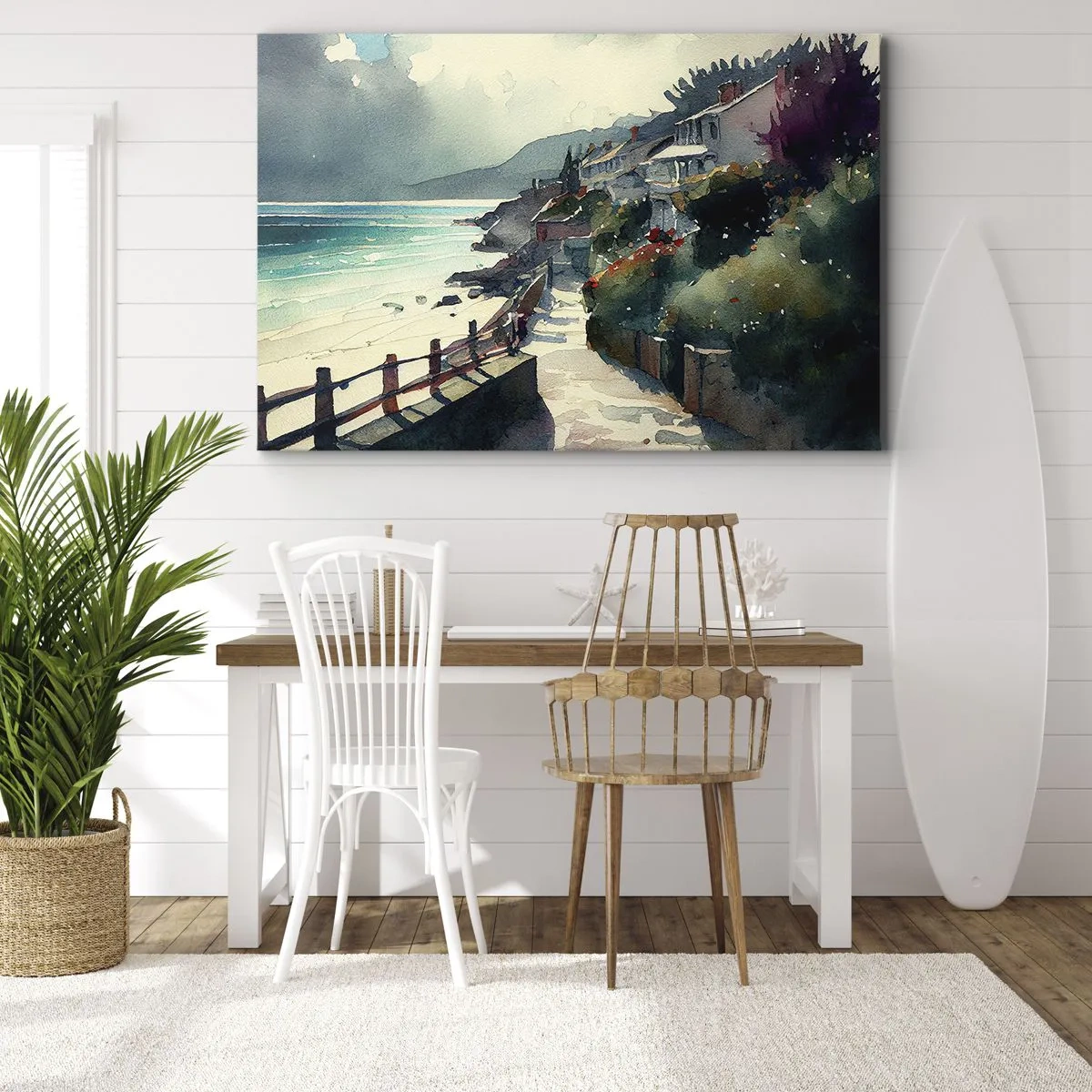 Impression sur toile - Image sur toile - Promenade en bord de mer avec maisons et végétation - 70x50cm - Ville méditerranéenne - Décoration murale moderne pour le salon et la chambre ARTTOR