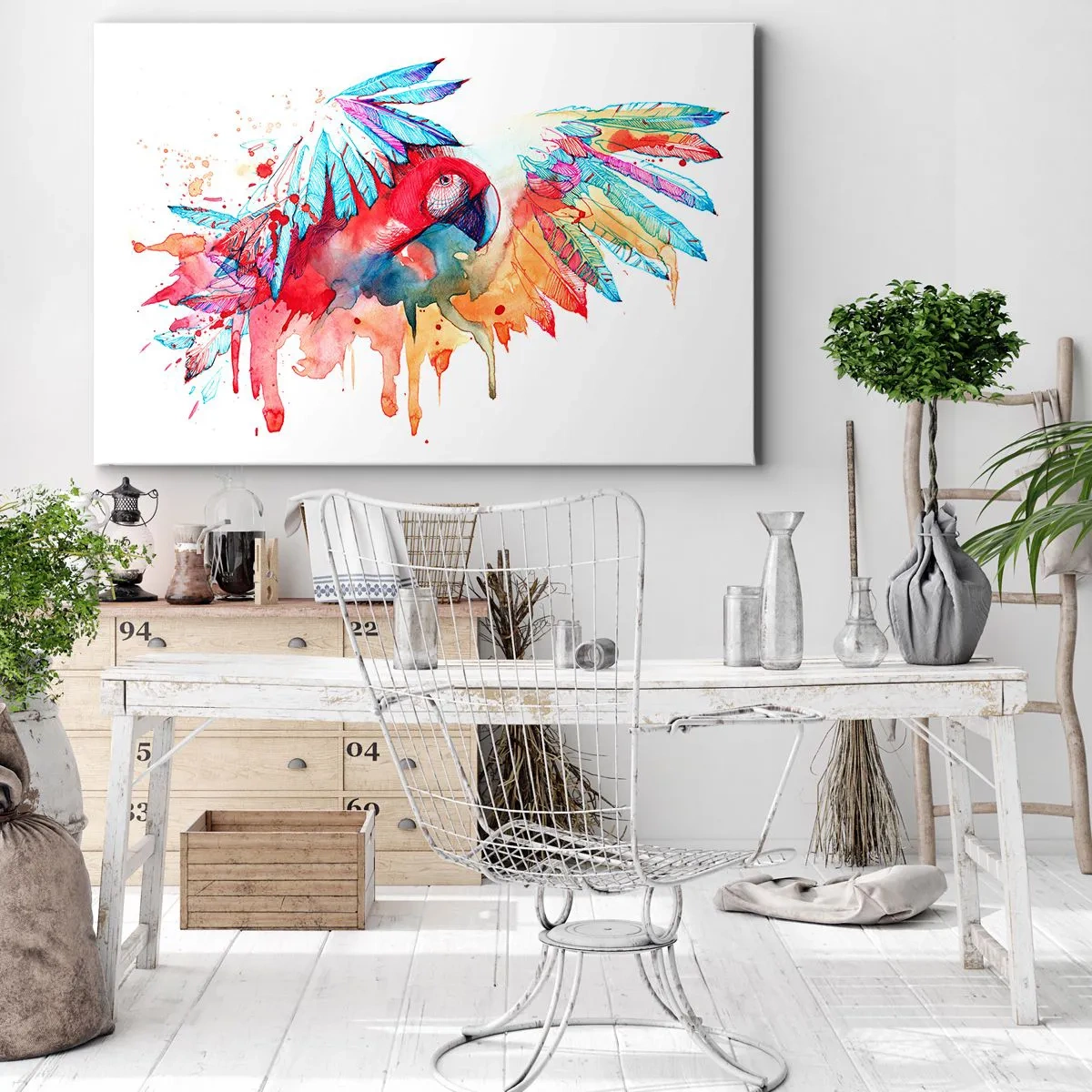 Impression sur toile - Image sur toile - Un perroquet dans un style aquarelle artistique - 120x80cm - Perroquets colorés - Décoration murale moderne pour le salon et la chambre ARTTOR