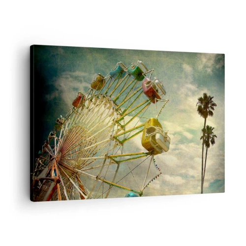 Impression sur toile - Image sur toile - Photo rétro d'une grande roue avec des palmiers contre le ciel - 70x50cm - On va faire la fête - Décoration murale moderne pour le salon et la chambre ARTTOR