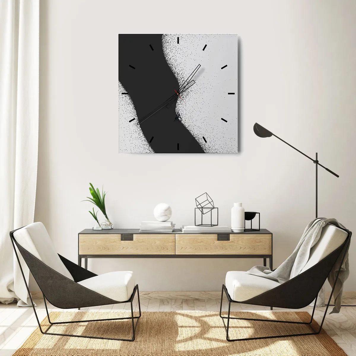Horloge murale - Pendule murale - Motif abstrait noir et blanc avec des points délicats sur toile - 30x30cm - Équilibre fluide - Décoration murale moderne pour le salon et la chambre ARTTOR
